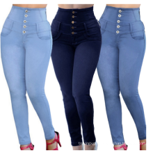 High Waist Women Jeans Buttons Female Pant Slim Elastic Plus Size Stretch Jeans Plus Size Denim Blue Skinny Pencil Pant